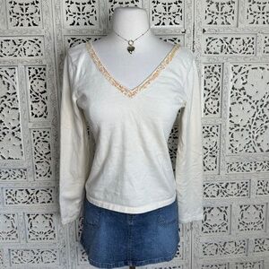 GAP Cream Sequin Beaded V Neck Fairy Y2K Wool Angora Blend Blouse Sz‎ Small